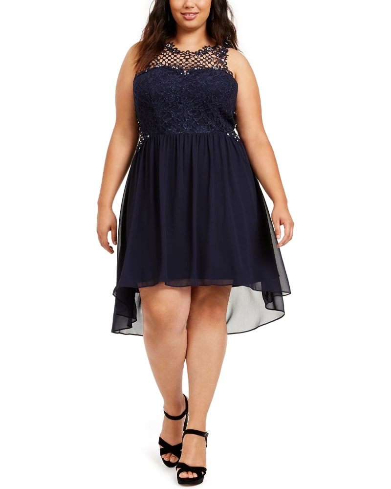 Front of a model wearing a size 22W City Studios Trendy Plus Size High-Low Dress Navy Size 22W in Blue by City Studios. | dia_product_style_image_id:312700